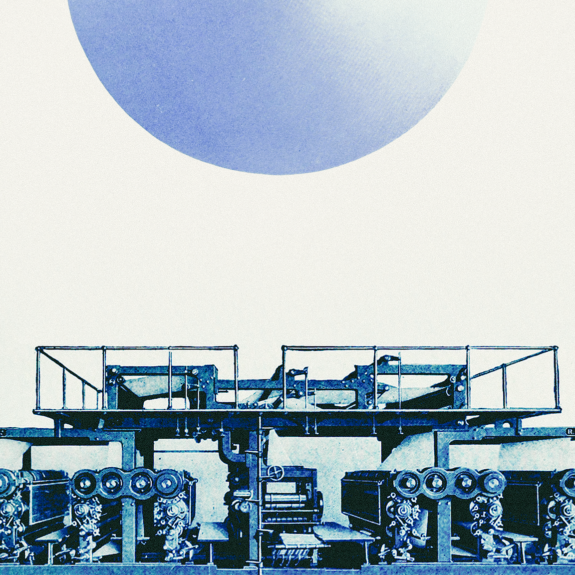 A large blue sphere hovers over a blue printing press.
